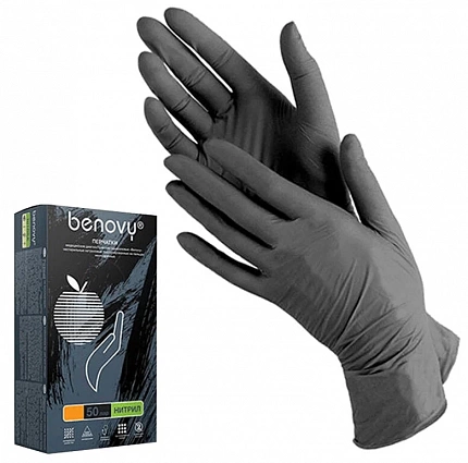 Перчатки BENOVY нитриловые текстурированные ,чёрные размер XS (50 пар/уп)